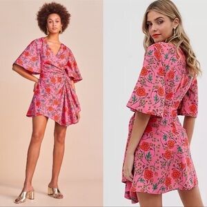 Finders Keepers Hana pink floral flower Short Sleeve Faux Wrap Mini Dress 4 NWOT